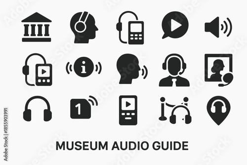 Museum audio guide icons: headphones, devices, information, tour, navigation symbols