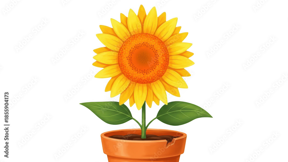 Obraz premium Detailed Digital Painting of a Blooming Sunflower in a Chipped Terracotta Pot, Vibrant Floral Art