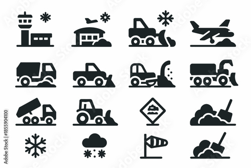 Winter airport icons: snow plow, airplane, weather symbols