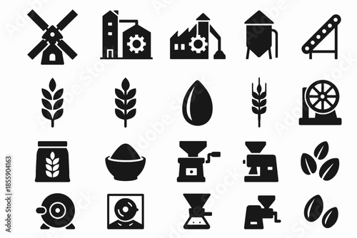 Set of black silhouettes: windmill, grain, coffee grinder icons