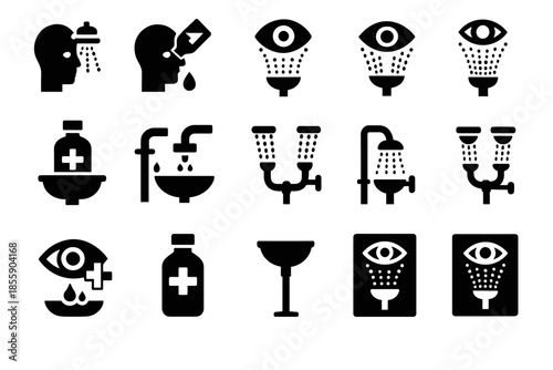 Eye wash and safety equipment icons set with shower and sink symbols