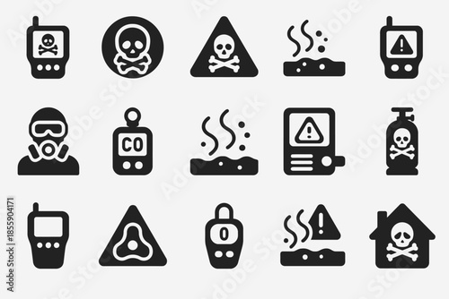 Hazard warning icons set: toxic, gas, and chemical alert symbols