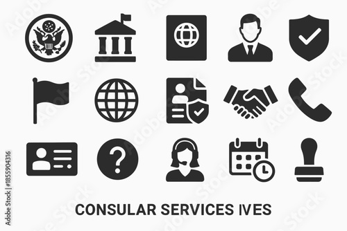 Consular services icons collection: globe, flag, official badge, calendar, and more