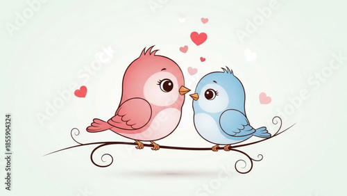 Two cute cartoon birds sitting on a branch with hearts around them, symbolizing love and friendship