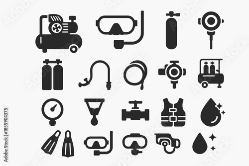 Diving equipment icons: snorkel, goggles, tanks, fins, valves in monochrome design
