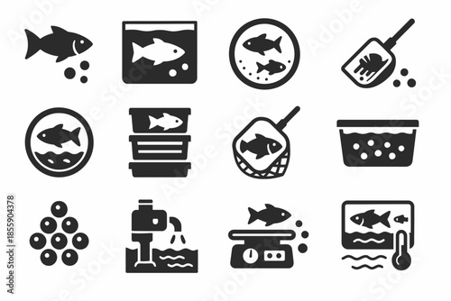 Aquaculture icon set: fish, tanks, equipment, and rearing symbols