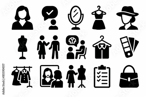 Fashion and style icons: clothing, accessories, and consultation symbols