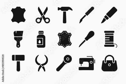 Leatherworking tools icons set: scissors, hammer, sewing machine, and more