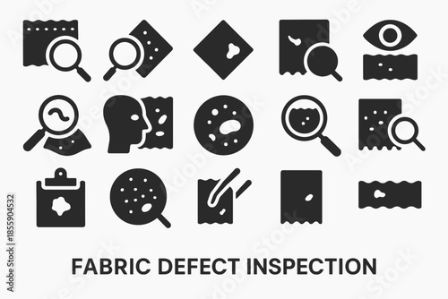 Fabric defect inspection icons set with magnifying glass and textile patterns