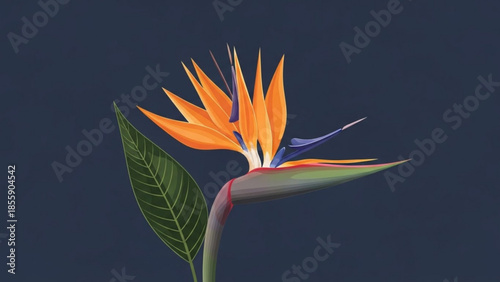 Vibrant bird of paradise flower with green leaf on dark blue background