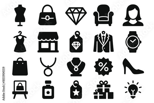 Fashion and shopping icons: jewelry, apparel, accessories, and gifts