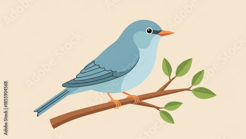 A light blue bird perched on a brown branch with green leaves against a beige background