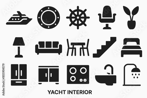 “yacht interior elements: furniture, fixtures, and nautical icons”