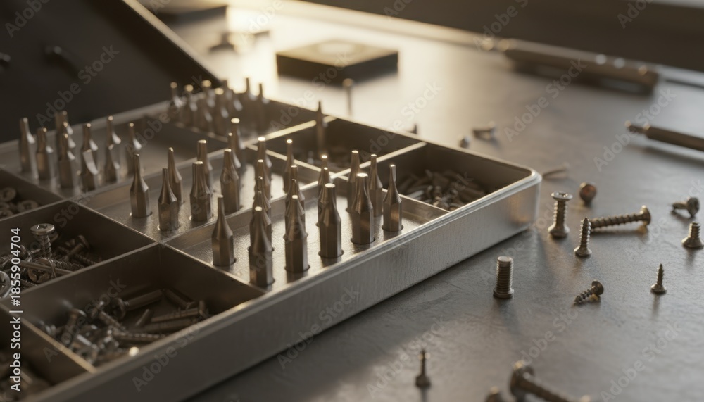 Obraz premium Screwdriver bits and screws in organizer case