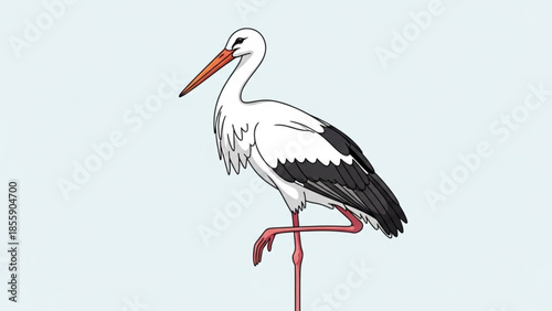 A white stork with black wings and orange beak standing on one leg on a light blue background