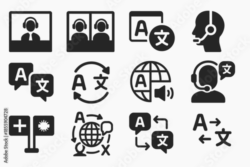 Communication and translation icons featuring headset and language symbols