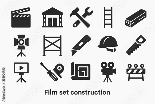 Icons of film set construction tools and equipment for movie production