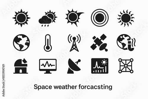 Space weather forecasting icons: sun, earth, antenna, satellite, telescope