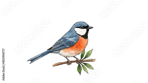 Colorful blue and orange bird perched on a leafy branch, isolated on white background