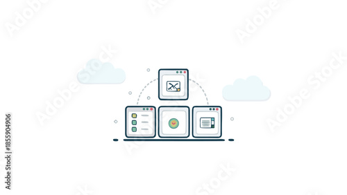 Flat illustration featuring soft pastel ui elements for digital design and mobile app development with cloud computing