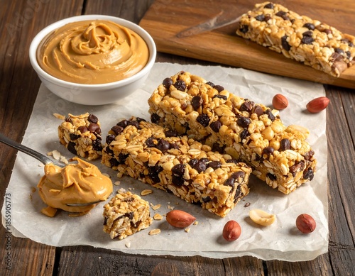 Close-up of a peanut butter bowl, granola bars, spoon, and peanuts arranged on parchment and wood