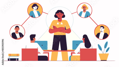 Flat illustration of a diverse group of people collaborating and communicating in a modern office setting with a central figure