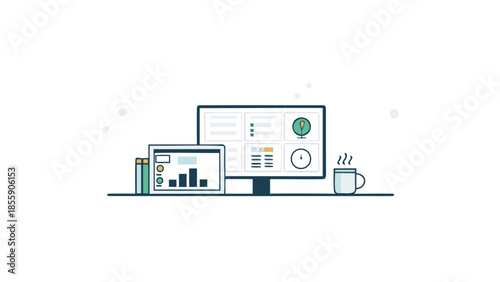 Flat illustration showing a design system with computer, tablet, books and coffee cup on desk in modern workspace