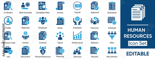 Human Resources Icon Set – Recruitment, Payroll, Talent Management, Employee Evaluation and HR Management Symbols.