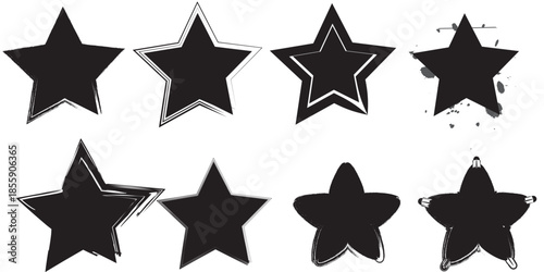 Set of solid black star silhouettes with hand drawn artistic outlines and distressed ink splatter design effects
