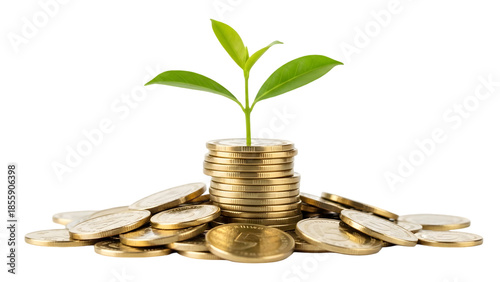 Plant growing from stacked coins isolated on transparent background
