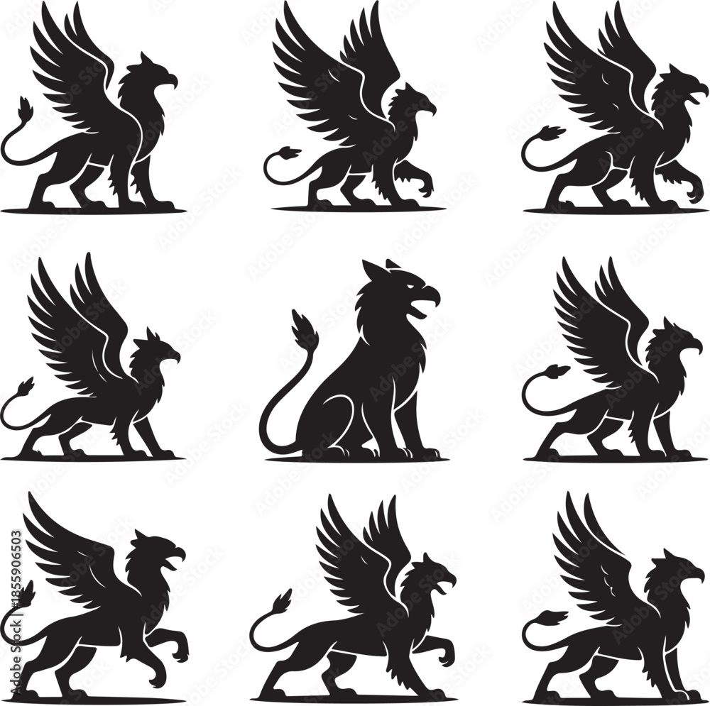 Fototapeta premium Nine mythical griffin silhouettes in various poses isolated on transparent