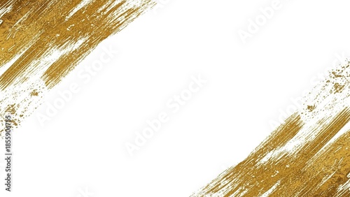 Abstract gold brush strokes on a white background creating a dynamic artistic frame.