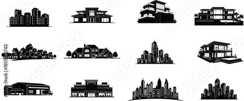 Collection of black and white cityscape and building silhouettes