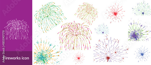 Fireworks on white background, fireworks clipart no background, icon, vector, illustration for Xmas, new year, holiday, birthday, anniversary, victory, party, carnival, 4th of July, printable banner