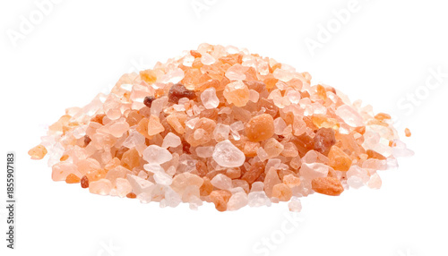 A pile of coarse, pink-hued salt crystals, isolated on a black background