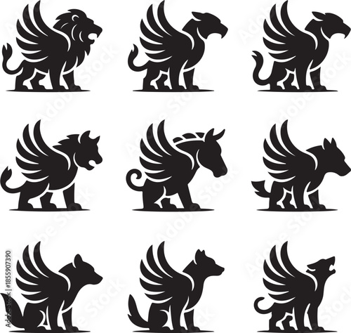 Collection of mythical griffin creatures with wings isolated on transparent background