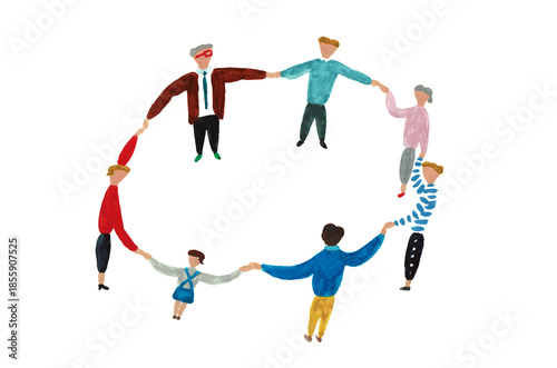 手描きイラスト　輪になって手をつなぐ男女と子供