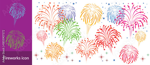 Fireworks on white background, fireworks clipart no background, icon, vector, illustration for Xmas, new year, holiday, birthday, anniversary, victory, party, carnival, 4th of July, printable banner