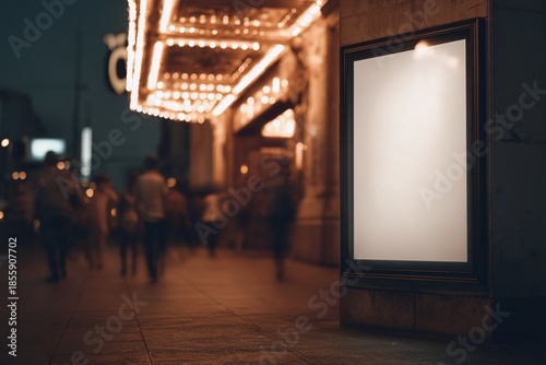 Blank framed poster mockup on theater exterior with glowing marquee lights at night
