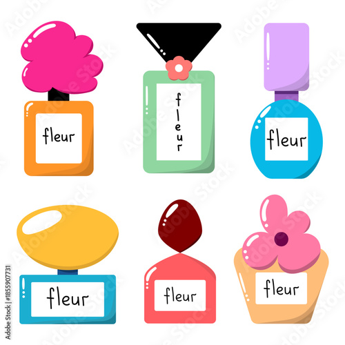 Set with perfume bottles. Cartoon perfume elements.