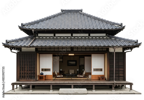 Traditional japanese house with tiled roof isolated on transparent background