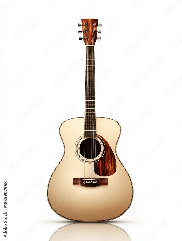 Obraz premium Acoustic guitar isolated on white background, realistic musical instrument illustration with clean design and classic wood tones 