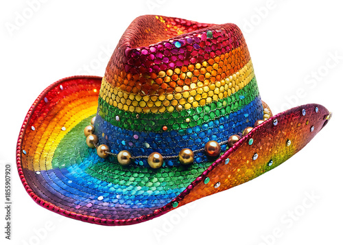 rainbow cowboy hat sparkling with glitter and  isolated on white background PNG , AI GENERATED