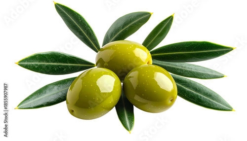 Wallpaper Mural Three green olives with leaves arranged elegantly on a black background Torontodigital.ca