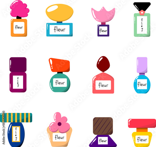 Big set with cartoon perfume bottles. Cute perfume bottles collection.