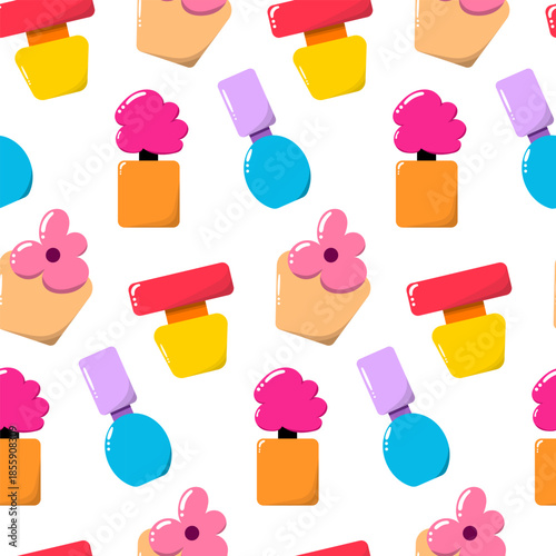 Seamless pattern with perfume bottles. Colorful seamless pattern.