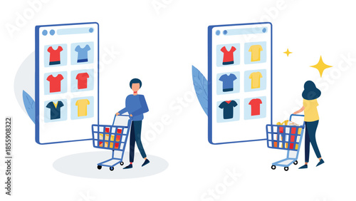 Flat illustration of people selecting items on large smartphones with shopping carts filled with colorful products