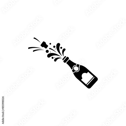 Black silhouette of a champagne bottle being opened with cork popping out