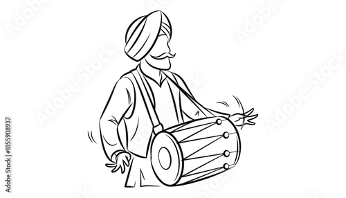 A traditional indian man playing a drum with a turban on his head and a joyful expression