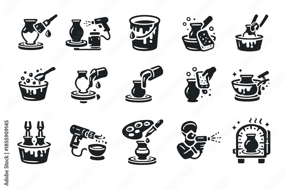 Fototapeta premium Pottery creation process icon set featuring tools and techniques